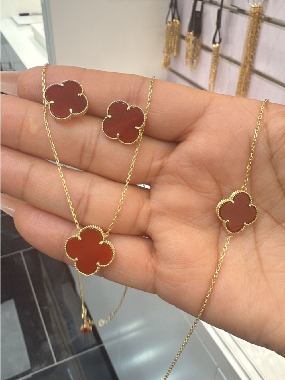 Gold-Tone Clover Necklace and Bracelet Set with Red Enamel Accents